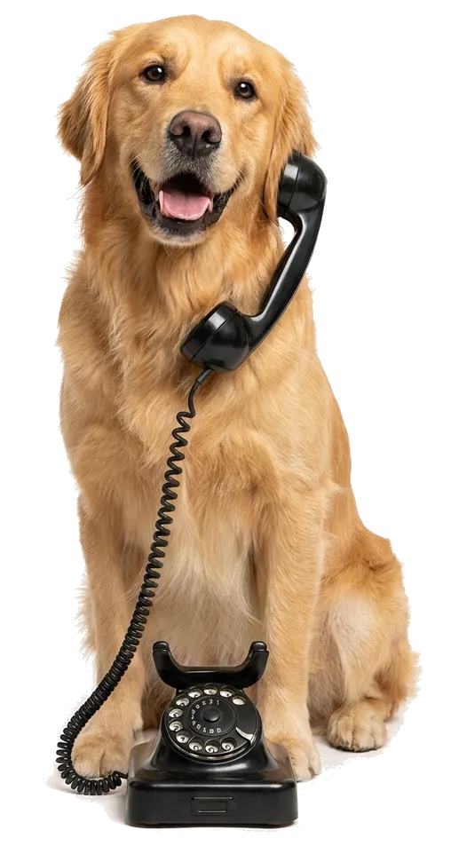 Golden retriever holding a telephone receiver beside a rotary phone